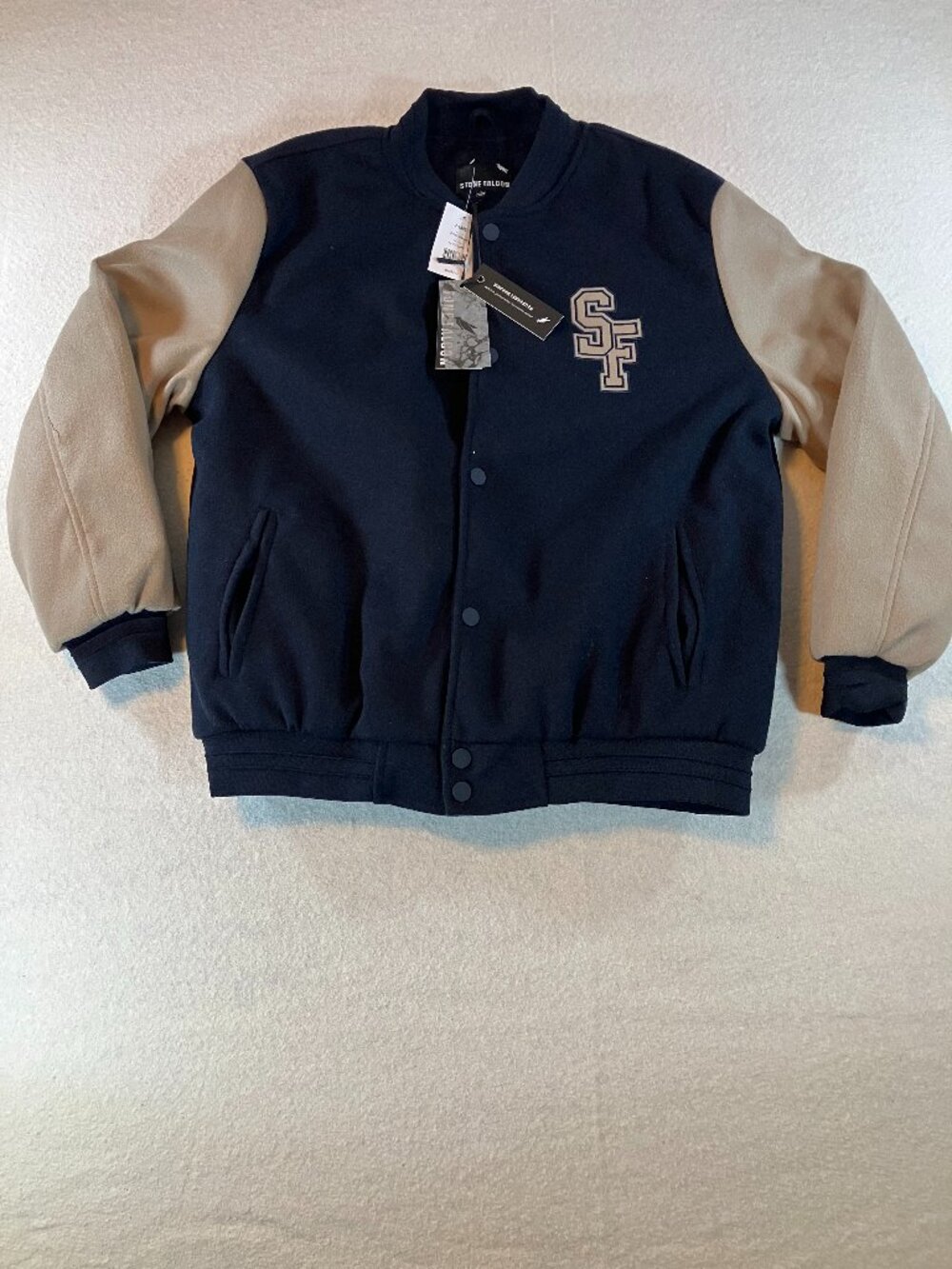 NWT Stone Falcon‎ Navy and Beige Varsity Bomber Jacket with SF Patch Size XL